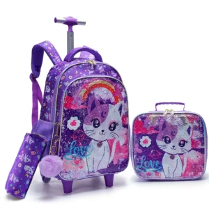 3-teiliges Set Rollrucksack für Mädchen, niedliche Cartoon-Katze-Pailletten-Rucksack mit Rollen für Grundschüler, mit Lunchbox und Stifttasche 6