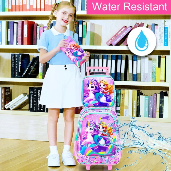 4 Stück rollende Büchertasche für Mädchen, süßer Kinder-Meerjungfrauen-Rucksack mit Rollen, Einhorn-Roller-Schultasche mit Rollen für Grundschulkinderschule 5