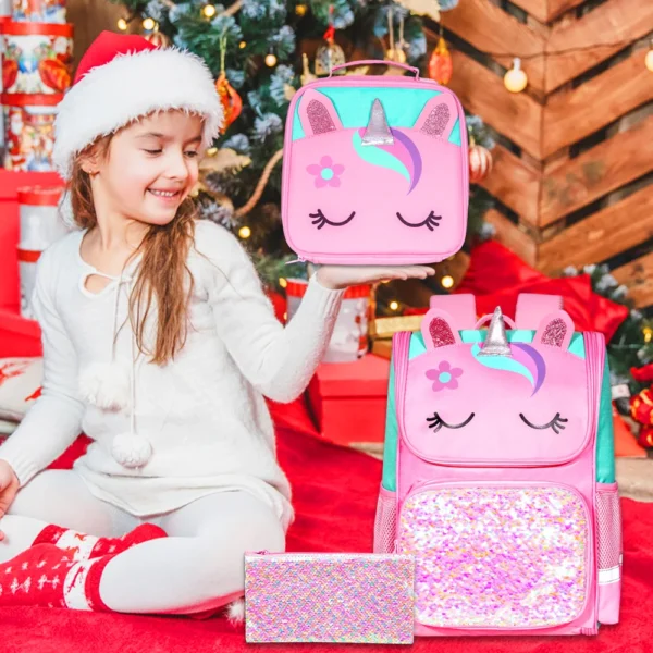 3-teiliger Rucksack für Mädchen, 38,1 cm große Einhorn-Büchertasche mit Lunchbox, Kinder-Vorschul-Schultasche 3