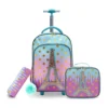 3-teiliger Rollrucksack für Mädchen und Kinder, Schulrucksack mit Rollen, mit Mittagessen und Stifttasche, Eisenturm, rosa, im Dunkeln leuchtende Funktion