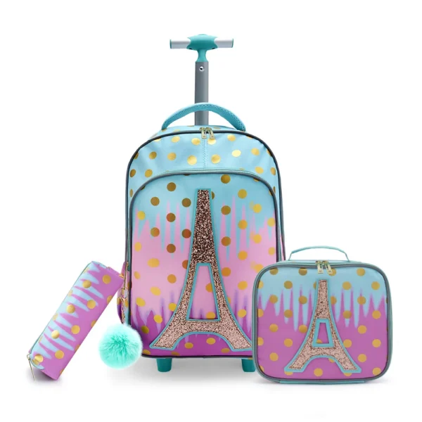 3-teiliger Rollrucksack für Mädchen und Kinder, Schulrucksack mit Rollen, mit Mittagessen und Stifttasche, Eisenturm, rosa, im Dunkeln leuchtende Funktion