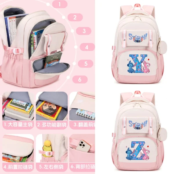 Disney Stitch Mode Wasserdichter Rucksack für Studenten Anime Buchstabe A-Z Druck Schultasche Jungen Mädchen Buch Aufbewahrungstasche Geschenke 5
