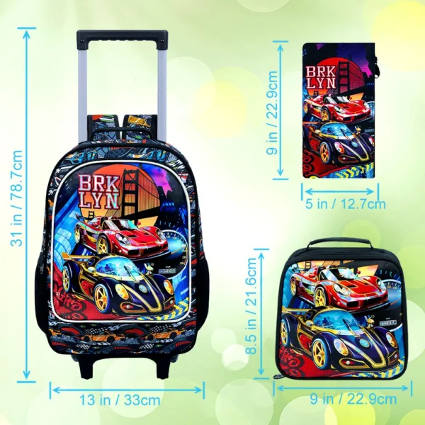 3-teiliger Rollrucksack für Mädchen und Jungen, Kinder-Rennen-Büchertasche mit Rollen 5