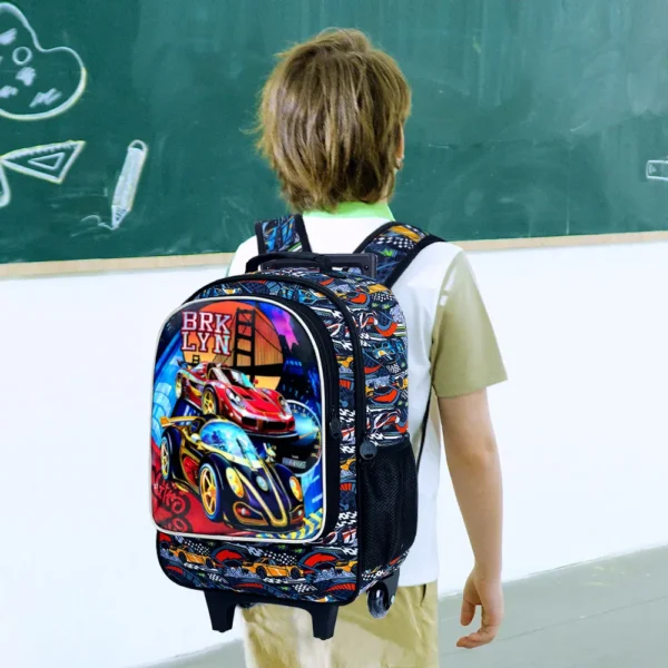 3-teiliger Rollrucksack für Mädchen und Jungen, Kinder-Rennen-Büchertasche mit Rollen 3
