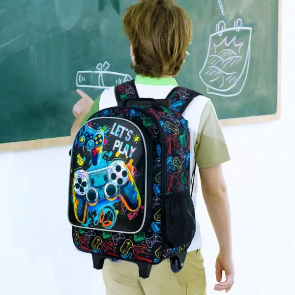 Rollrucksack für Jungen, 3-teilige Kinder-Roll-Büchertasche mit Lunchtasche, Schultasche mit Rollen für Kinder – Spielkonsole 5