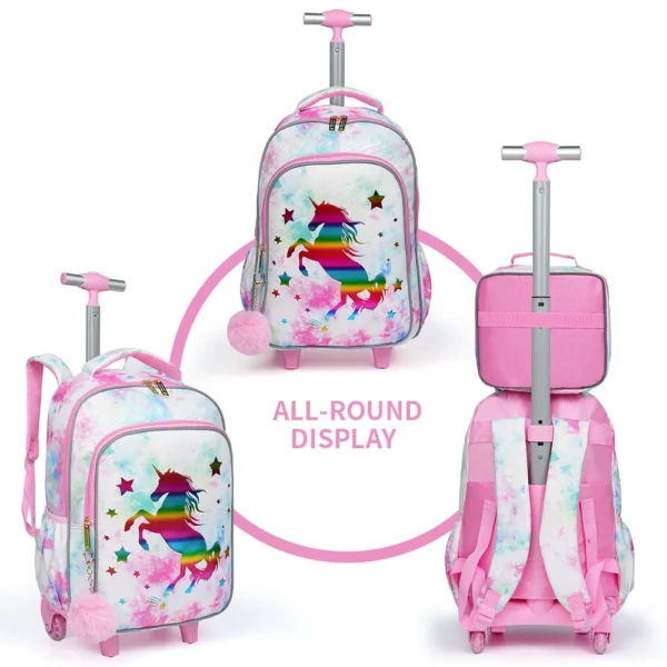 3-teiliger Rollrucksack für Kinder, Schul-Büchertasche mit Rollen, goldenes Einhorn-Muster-Design, im Dunkeln leuchtende Funktion mit Lunch-Stift-Tasche 2