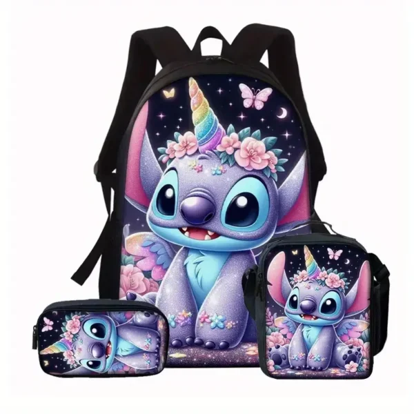 3-teiliges Set mit niedlichen Disneys-Cartoon-Stich-Kind-Schulrucksack mit Lunchtaschen, Bleistifttaschen, Schultaschen für Jungen und Mädchen, bestes Geschenk 6