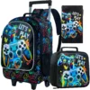 Rollrucksack für Jungen, Kinder-Schulrucksack mit Rollrädern und Lunchtasche, mit Rollenrädern.。 Schultasche für Kinder
