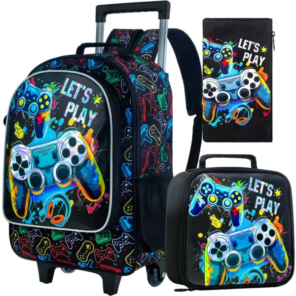 Rollrucksack für Jungen, Kinder-Schulrucksack mit Rollrädern und Lunchtasche, mit Rollenrädern.。 Schultasche für Kinder