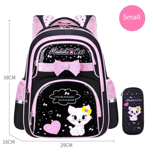 Neue koreanische Primär-PU-Leder-Schultasche 2020, modisch, niedliche Mädchen mit niedlicher Katze, orthopädischer wasserdichter Rucksack 3