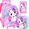 3-teiliger Rollrucksack für Kinder, Büchertasche mit Rollenrädern für Mädchen, Grundschultasche mit Rollen und Lunchtasche – weiße Katze
