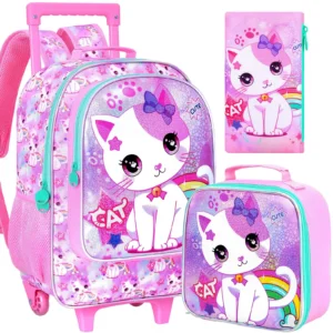 3-teiliger Rollrucksack für Kinder, Büchertasche mit Rollenrädern für Mädchen, Grundschultasche mit Rollen und Lunchtasche – weiße Katze