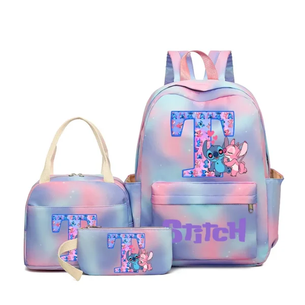 Stitch Mädchen Rucksäcke Federmäppchen Lunchtasche Student Disney Niedlicher Buchstabe A-Z Schultaschen Briefpapier Beutel Essen Bento Handtasche Geschenk 4