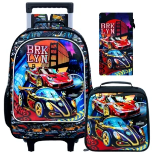 3-teiliger Rollrucksack für Mädchen und Jungen, Kinder-Rennen-Büchertasche mit Rollen