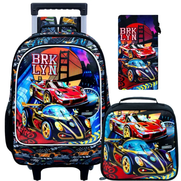 3-teiliger Rollrucksack für Mädchen und Jungen, Kinder-Rennen-Büchertasche mit Rollen