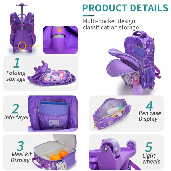 3-teiliges Set Rollrucksack für Mädchen, niedliche Cartoon-Katze-Pailletten-Rucksack mit Rollen für Grundschüler, mit Lunchbox und Stifttasche 4