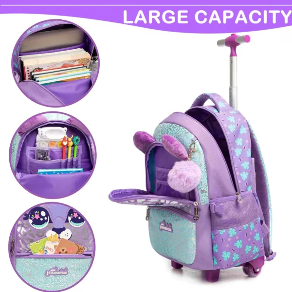 Rollrucksack für Mädchen, Kinderrucksack mit Rollen, Rucksack für Grundschüler, Handgepäck, Büchertasche mit Rollen 3