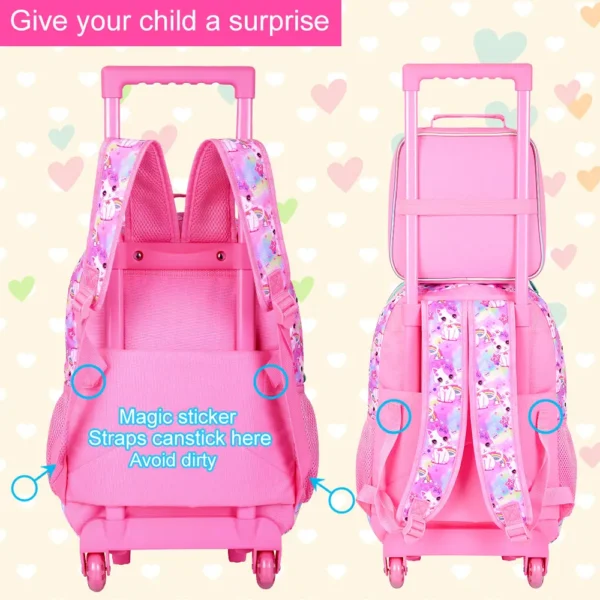 3-teiliger Rollrucksack für Kinder, Büchertasche mit Rollenrädern für Mädchen, Grundschultasche mit Rollen und Lunchtasche – weiße Katze 4