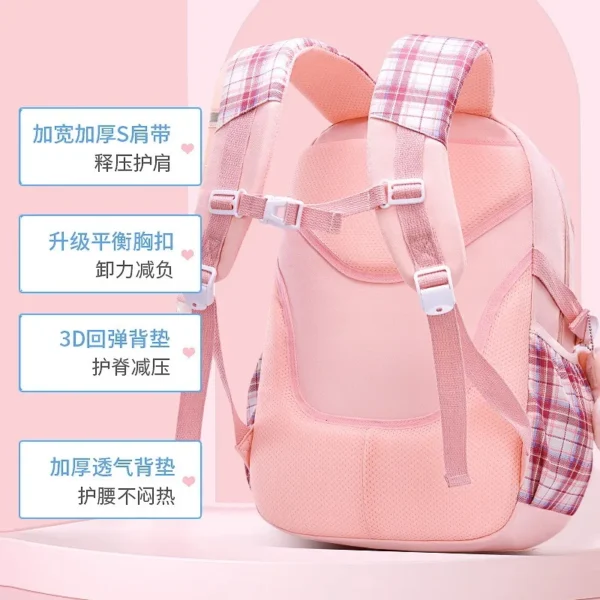 Schutz der Wirbelsäule Ergonomie Grundschüler Mädchen Karierter Rucksack Große Kapazität Leicht Wasserdicht 3