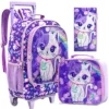 Rollrucksack Mädchen 3-teilig mit Lunchbox & Federmäppchen, Pailletten, leuchtend