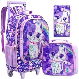 Rollrucksack Mädchen 3-teilig mit Lunchbox & Federmäppchen, Pailletten, leuchtend
