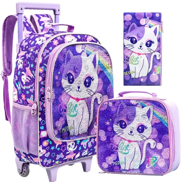 Rollrucksack Mädchen 3-teilig mit Lunchbox & Federmäppchen, Pailletten, leuchtend