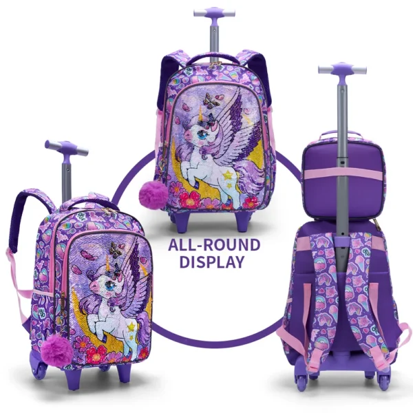 3-teiliges Set Rollrucksack für Mädchen, süßes Cartoon-Mond-Einhorn-Pailletten-Design, Rolltaschen mit Lunchbox und Stifttasche, Lila 2