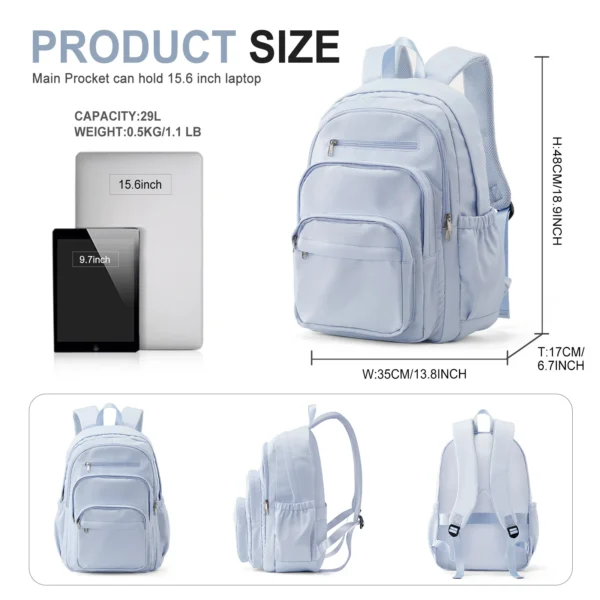 Lässiger Nylon-Rucksack, Rucksack für Damen, Multi-Pocket-Design in Hellblau, langlebig für Schule, Gymnasium und College-Büchertasche 2