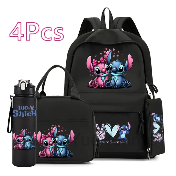 4 Stück Disney Lilo&Stitch Rucksack mit Lunchtasche, 750 ml Wasserflasche, Federmäppchen für Teenager, Kinder, große Kapazität, Outdoor-Büchertasche 4