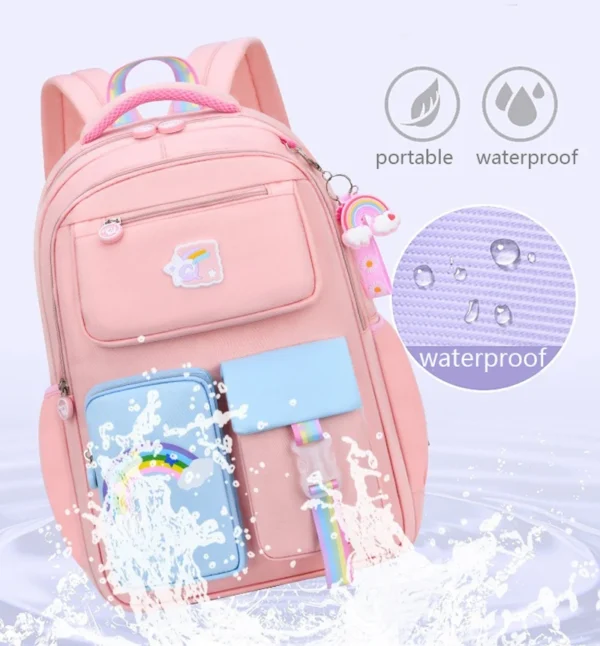 Kinderrucksäcke für Macaron Color Mädchen, Schulbüchertasche für Teenager, niedliche Schultasche mit mehreren Beuteln und Regenbogen-Anhänger 5