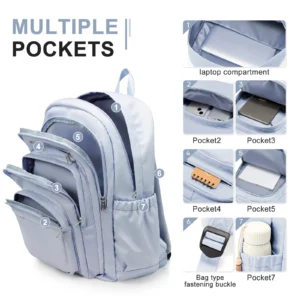 Lässiger Nylon-Rucksack, Rucksack für Damen, Multi-Pocket-Design in Hellblau, langlebig für Schule, Gymnasium und College-Büchertasche