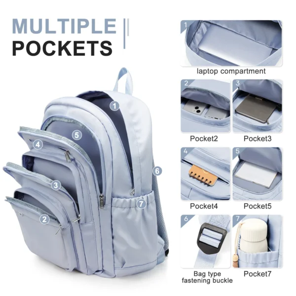Lässiger Nylon-Rucksack, Rucksack für Damen, Multi-Pocket-Design in Hellblau, langlebig für Schule, Gymnasium und College-Büchertasche