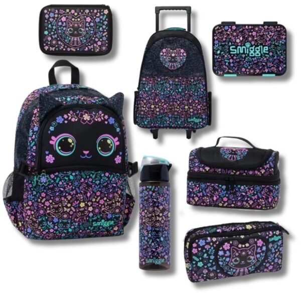 Schulset „Schwarze Katze & Blume“ – Trolley, Lunchbox & Federmäppchen