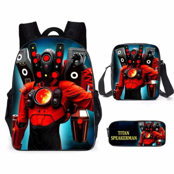3-teiliges Skibidi Toilet Titan Drillman Schulranzen-Set, Titan Speakerman Print Studentenrucksack, lässiger Rucksack für Jungen und Kinder 4