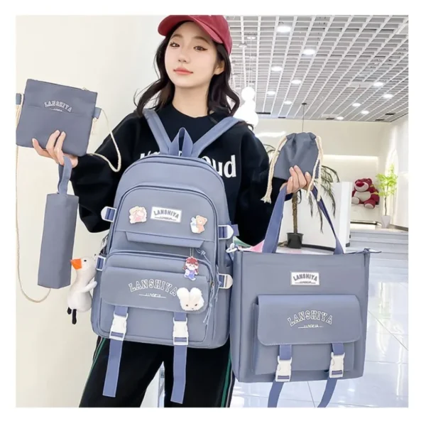 5-teiliges Set mit kostenlosen Anhängern im Waldstil, koreanische Version, lässiger Harajuku-Studentenrucksack für Mädchen mit großer Kapazität 4