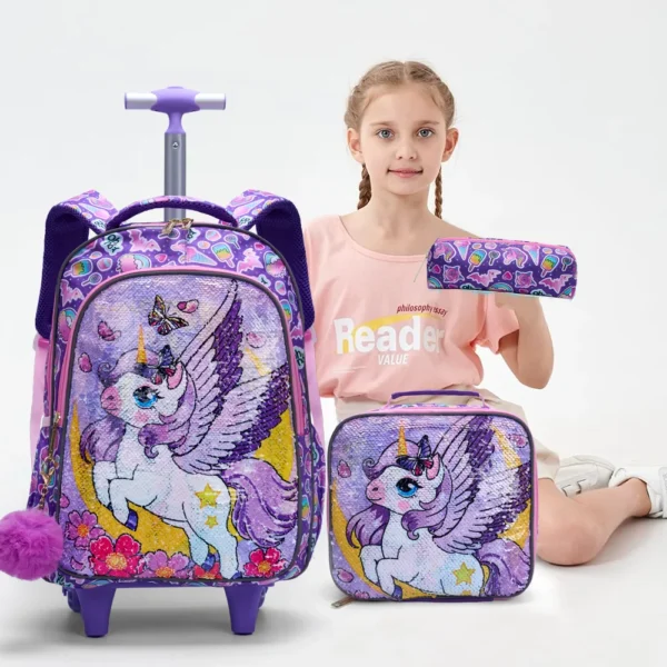 3-teiliges Set Rollrucksack für Mädchen, süßes Cartoon-Mond-Einhorn-Pailletten-Design, Rolltaschen mit Lunchbox und Stifttasche, Lila