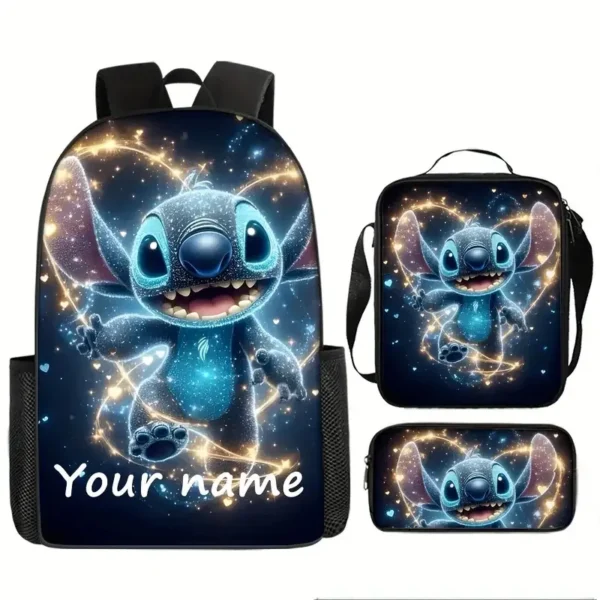 3-teiliges Set mit niedlichen Disneys-Cartoon-Stich-Kind-Schulrucksack mit Lunchtaschen, Bleistifttaschen, Schultaschen für Jungen und Mädchen, bestes Geschenk 3