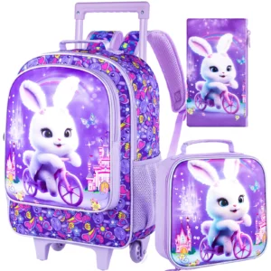 3-teiliger Rollrucksack für Mädchen und Jungen, Kinder-Büchertasche mit Rollenrädern, Grundschultasche mit Rollen und Lunchtasche