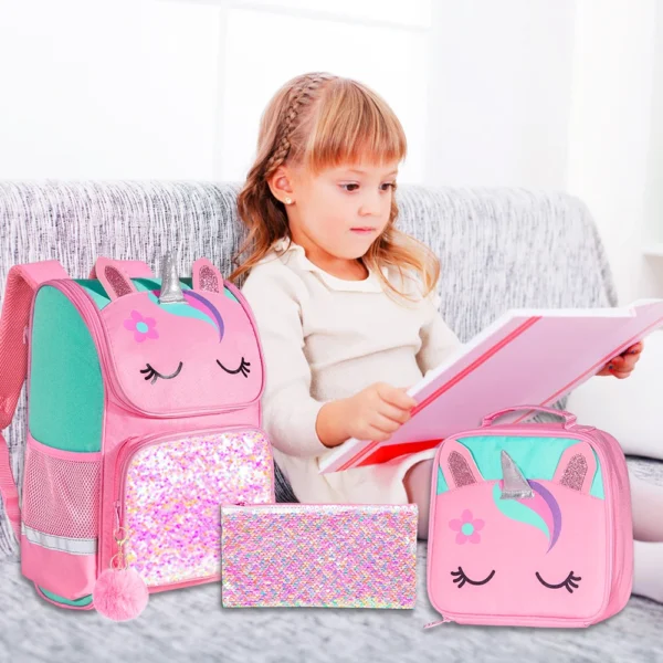 3-teiliger Rucksack für Mädchen, 38,1 cm große Einhorn-Büchertasche mit Lunchbox, Kinder-Vorschul-Schultasche 6