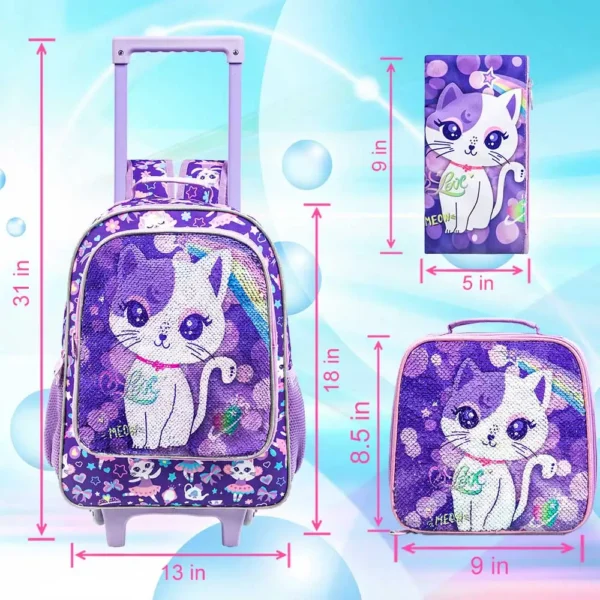 Rollrucksack Mädchen 3-teilig mit Lunchbox & Federmäppchen, Pailletten, leuchtend 3