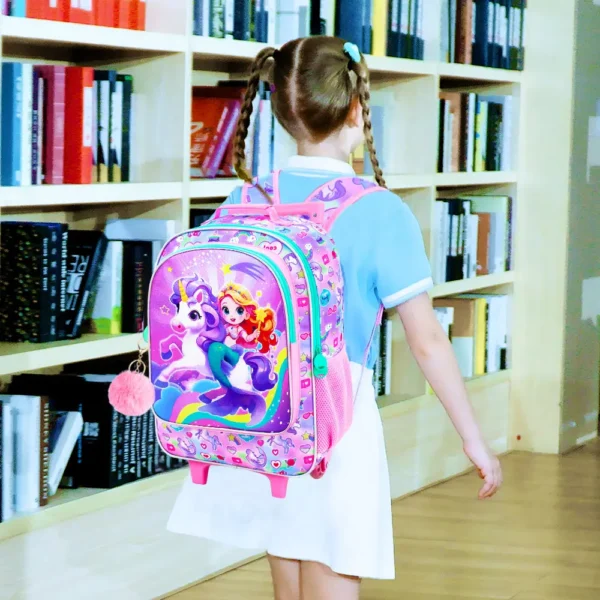4 Stück rollende Büchertasche für Mädchen, süßer Kinder-Meerjungfrauen-Rucksack mit Rollen, Einhorn-Roller-Schultasche mit Rollen für Grundschulkinderschule 2