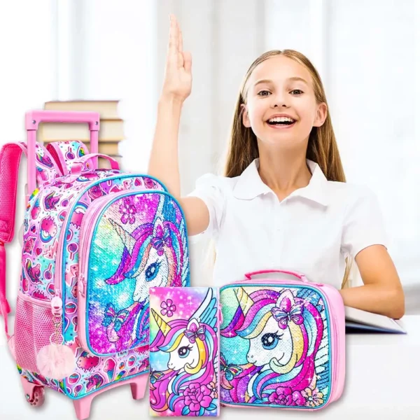 3-teiliger Einhorn-Rollrucksack für Mädchen, Schulrucksäcke für Kinder mit Rollen, Rollen-Büchertasche mit Lunchbox für die Grundschule 4
