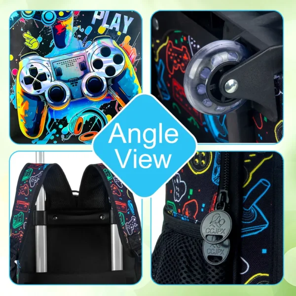 Rollrucksack für Jungen, 3-teilige Kinder-Roll-Büchertasche mit Lunchtasche, Schultasche mit Rollen für Kinder – Spielkonsole 4