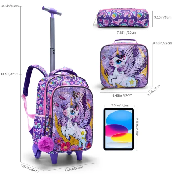 3-teiliges Set Rollrucksack für Mädchen, süßes Cartoon-Mond-Einhorn-Pailletten-Design, Rolltaschen mit Lunchbox und Stifttasche, Lila 3
