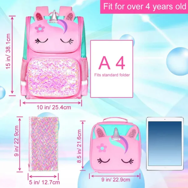 3-teiliger Rucksack für Mädchen, 38,1 cm große Einhorn-Büchertasche mit Lunchbox, Kinder-Vorschul-Schultasche 2