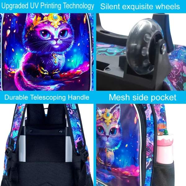 4 Stück Rollrucksack für Mädchen, Kinder-Schulrucksack mit Katzenrollerrädern und Lunchtasche, Schultasche mit Rollen für Kleinkinder, Grundschule 5