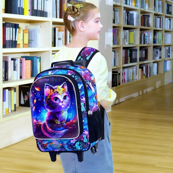 4 Stück Rollrucksack für Mädchen, Kinder-Schulrucksack mit Katzenrollerrädern und Lunchtasche, Schultasche mit Rollen für Kleinkinder, Grundschule 4