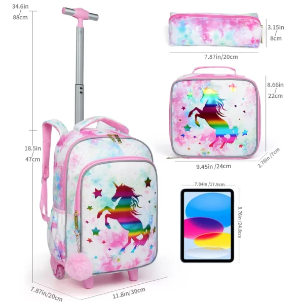 3-teiliger Rollrucksack für Kinder, Schul-Büchertasche mit Rollen, goldenes Einhorn-Muster-Design, im Dunkeln leuchtende Funktion mit Lunch-Stift-Tasche 3