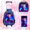 4 Stück Rollrucksack für Mädchen, Kinder-Schulrucksack mit Katzenrollerrädern und Lunchtasche, Schultasche mit Rollen für Kleinkinder, Grundschule 2