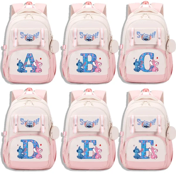 Disney Stitch Mode Wasserdichter Rucksack für Studenten Anime Buchstabe A-Z Druck Schultasche Jungen Mädchen Buch Aufbewahrungstasche Geschenke
